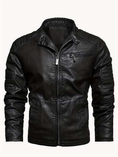 Veste polaire chaude chic en PU pour homme - Veste motard décontractée en similicuir à col montant et fermeture éclair de couleur unie - pour l'automne et l'hiver - Élégante et confortable XXXXL noir