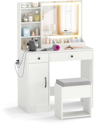COSTWAY Make-uptafel met led-spiegel, kaptafelset met kruk, stopcontacten, kast, 2 laden, 3 planken en 3 open vakken, make-uptafel voor slaapkamer, 90 x 40 x 135 cm, wit