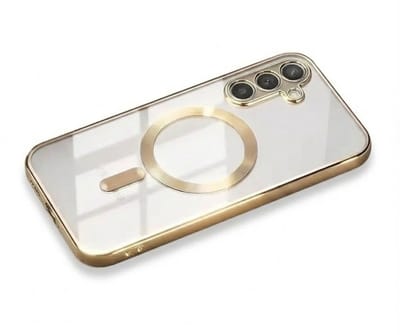 Transparant goudkleurig telefoon hoesje met metallic randen – geschikt voor Samsung A36 MagSafe – luxe backcover met MagSafe ring en camera bescherming