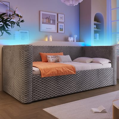 Dagbed Opbergbank met LED Verlichting - 90x200 cm - Hydraulisch Opbergsysteem - Fluweel Grijs - Inclusief Lattenbodem