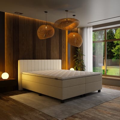 Mörgenn Boxspring Douze - Pocketvering - 12-Baans Hoofdbord - Ivoor / Off White - 160x220 cm - Inclusief Dekbed en Kussens