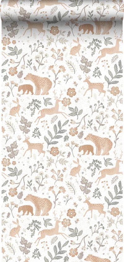ESTAhome behang bos met bosdieren vergrijsd groen, beige en wit - 53 cm x 10.05 m - 139585