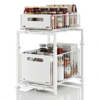 Dailygoods - Opslag onder de gootsteen, 2 niveaus uitschuifbare gootsteenplank plank kast opslag metalen planken, in hoogte verstelbare keuken ondergootsteen organizer, multifunctionele opbergplank voor keuken
