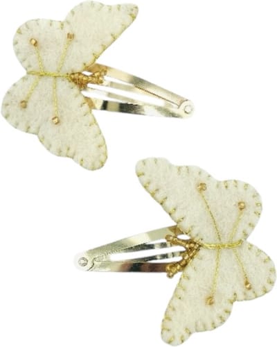Luna-Leena duurzame haarspeldjes vlinder off-white & goud (set) - L5cm - wol vilt - klik klak speld goud - handgemaakt in Nepal - butterfly hair clips - haar accessoires - cadeau - feest - verjaardag - sieraad - dieren speldjes
