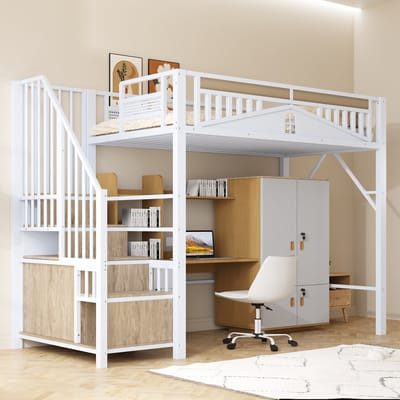 Hoogslaper - 90 x 200 cm - Met Veiligheidsombouw en Venster - Trap met Kastje - Metaal - Wit