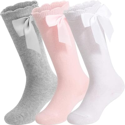 Set van 3 babysokken tot over de knie, lange katoenen kindersokken met strik, blijven goed zitten, antislip, elastisch, maat S (geschikt voor een voetlengte van 12-14 cm voor kinderen van 0-2 jaar), wit, grijs en roze.