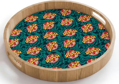 Dienblad rond 40x40 cm - Schootdienblad hout - Groen - Disco - Patroon - Borrelplank rechthoek - Plateau houten dienbladen