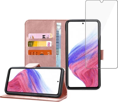 Geschikt voor Samsung A53 5G Book Case Hoesje - Screenprotector - Flip Portemonnee Rose met Screen Cover Tempered Glas