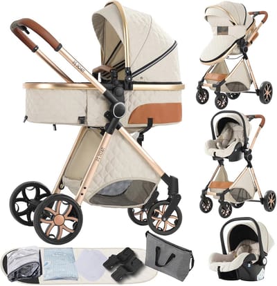 3-in-1 Kinderwagen voor Pasgeborenen - Opvouwbare Buggy en Reiswieg in Crème Wit