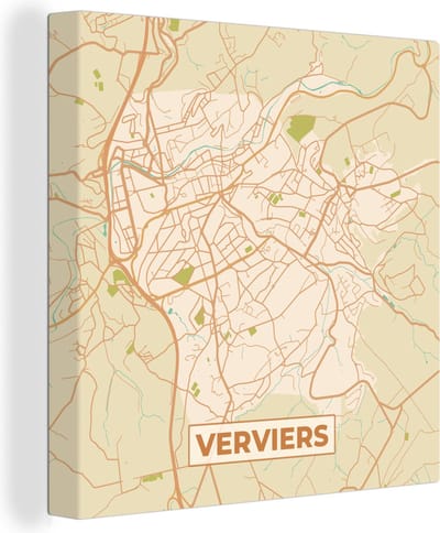 Canvas Schilderij Kaart - Plattegrond - Vintage - Stadskaart - Verviers - 20x20 cm - Wanddecoratie