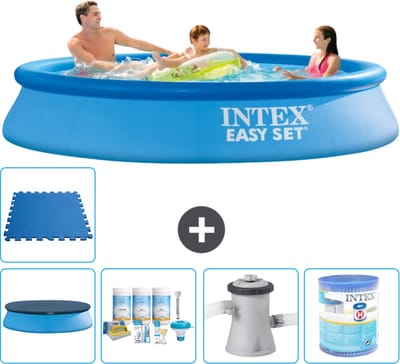 Intex Rond Opblaasbaar Easy Set Zwembad - 305 x 61 cm - Blauw - Inclusief Afdekzeil - Onderhoudspakket - Zwembadfilterpomp - Filter - Vloertegels - 6-delig