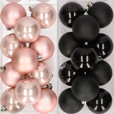 24x stuks kunststof kerstballen zwart en lichtroze 6 cm - Kerstversiering/kerstboomversiering