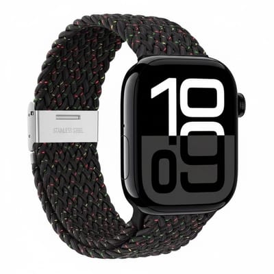 Ruimte zwart nylon horlogebandje geschikt voor Apple Watch dames en heren 42mm (serie 1 / 2 / 3) / 44 mm / 45 mm / 46 mm (serie 10 / 11) / 49 mm (Ultra / Ultra 2), elastisch gevlochten smartwatch bandje zonder gesp, gespikkeld