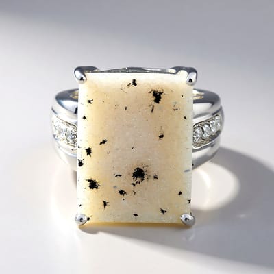 Cavill - Zilveren Ring - 925 Sterling Zilver - Glitter Agaat 13 05ct en Cambodjaanse Zirkonia 0 297ct - Elegant Rechthoekig Design - Maat 17