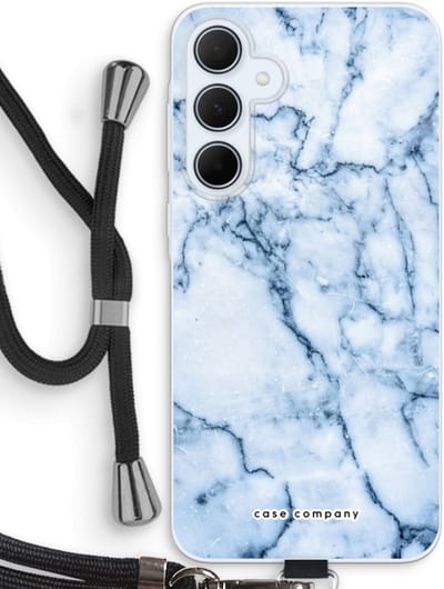 Case Company® - Hoesje met koord geschikt voor Samsung Galaxy A35 hoesje met Koord - Blauw marmer - Telefoonhoesje met Zwart Koord - Bescherming aan alle Kanten en Over de Schermrand