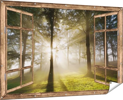 Gards Tuinposter Doorkijk Zon tussen de Bomen - 180x120 cm - Tuindoek - Tuindecoratie - Wanddecoratie buiten - Tuinschilderij