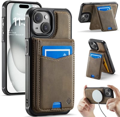 Casemania Hoesje Geschikt voor Apple iPhone 15 - Mahogany Brown - Geschikt voor MagSafe - Back Cover met Afneembare Magnetische Pasjeshouder met Standaard - Telefoonhoesje en Kaarthouder