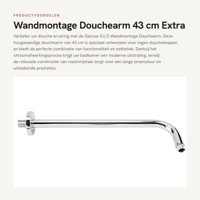 Dailygoods- Douchearm 43 cm - Roestvrij Staal - Extra Lange Douchekop - Wandmontage - G1/2 Draad - Eenvoudige Installatie - Douchearmatuur