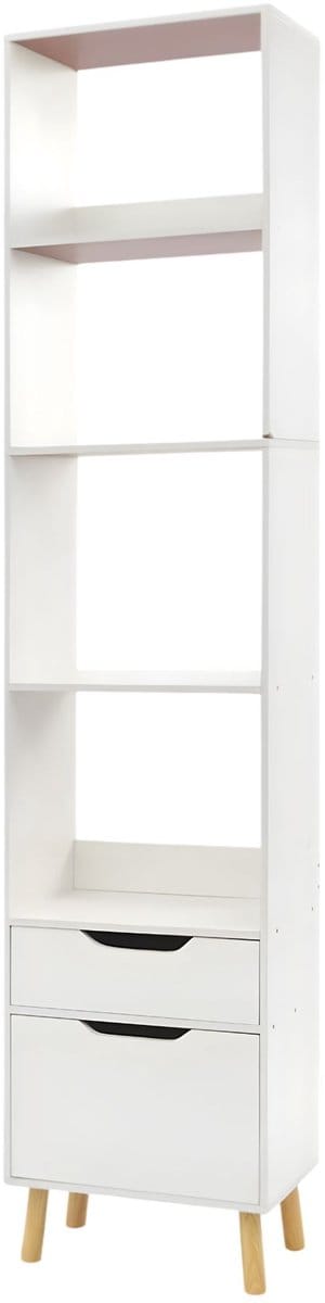 Staande boekenkast – Voor boekenopslag – 2 opberglades, smal ontwerp – Lichtbruin hout (180 cm hoog)
