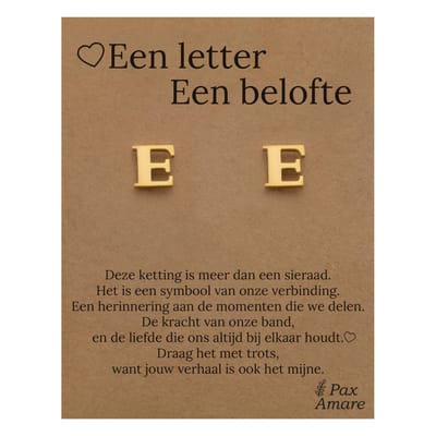 Initiaal Oorbellen met Letter E op Cadeau Kaartje - Een letter, een belofte - Goudkleurig - Naam Sieraad Cadeau - Roestvrij Staal Oorknopjes - Pax Amare