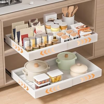 Telescopische Uittrekbare Keukenlades Set van 2 Stuks - Verstelbare Breedte 32-53 cm - Zelfklevende Rails Zonder Boren - Witte Kastorganizer voor Keuken, Badkamer en Slaapkamer