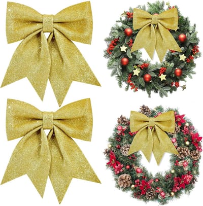 2x Grote Kerststrikken Goud - Decoratieve Kerstboom Strikken voor Binnen & Buiten Versiering
