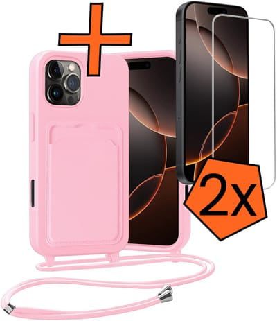Hoesje Geschikt voor iPhone 16 Pro Hoesje Met Telefoonketting Pasjeshouder Case Met 2x Screenprotector Koord - Hoesje Geschikt voor iPhone 16 Pro Hoes Met Kaarthouder - Lichtroze