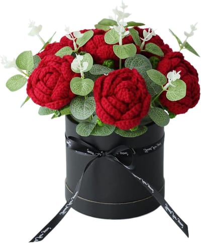 Gehaakt Bloemenboeket - Kunstbloemen Decoratie - Woondecoratie - Handgemaakt Realistisch Ontwerp - 22x22x20.5 cm - Rood