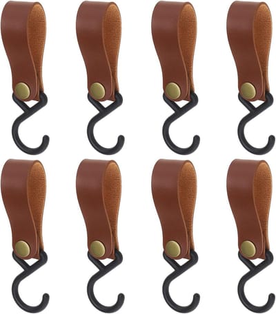 8 stucks S-vormige plastic haken van PU-leer - Haken voor buitenkamperen - Garderobe voor keuken en badkamer - Ornamenten voor het ophangen van riemen - Bruin