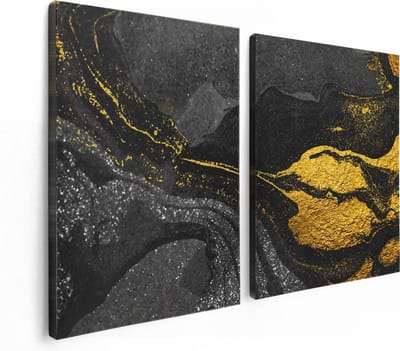 Artaza Canvas Schilderij Tweeluik Abstracte Kunst - Zwart Gouden Marmer - 120x80 - Foto Op Canvas - Canvas Print