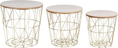 Set van 3 Moderne Bijzettafels met Metalen Mand en Deksel - Gouden Draadmanden en Houten Accenten voor Stylish Opslag