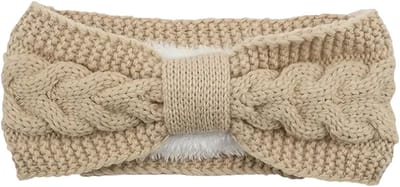 Khaki gebreide haarband dames met fleece binnenkant - zandkleurige hoofdband - one size - winterse haarband met strik - STUDIO Ivana