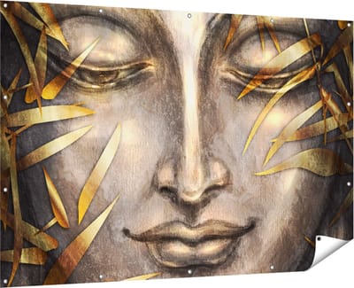 Gards Tuinposter Boeddha Beeld met Gouden Bladeren - 180x120 cm - Tuindoek - Tuindecoratie - Wanddecoratie buiten - Tuinschilderij