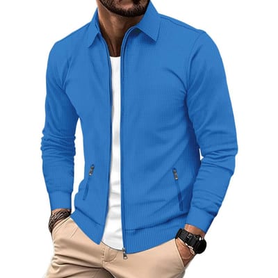 Veste à revers Style masculin Fermeture éclair Veste à motif gaufré avec revers Poches zippées pour Printemps Automne Hiver pour M Utilisation pratique M bleu