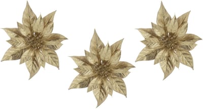 Cosy & Trendy Decoratie bloem - 3x stuks - kerstster - op clip - goud - glitter -18 cm - kunststof - kerstversiering