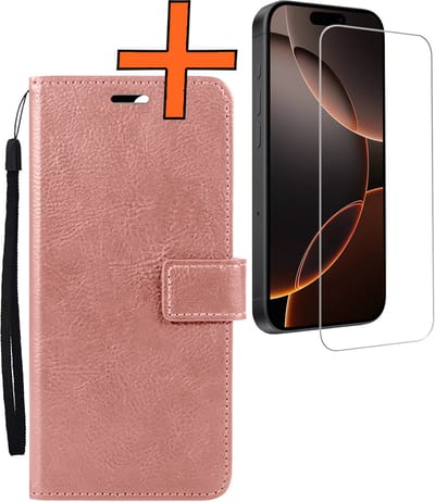 Hoes - Met Screenprotector - Geschikt voor Apple iPhone 16 Pro - Luxe Pasjeshouder - Bookcase Portemonee - Flip Case - Kunstleer Book Case - Flipcase - Book Cover - Walletcase - PortemonneeHoes - Rosé goud