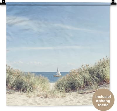 Wandkleed - Wanddoek - Boot - Zee - Strand - 60x60 cm - Wandtapijt