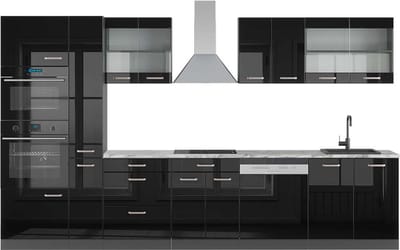 Vicco R-Line Keukenblok – 350 cm met hoge kast, WB Marmer Hoogglans zwart/antraciet