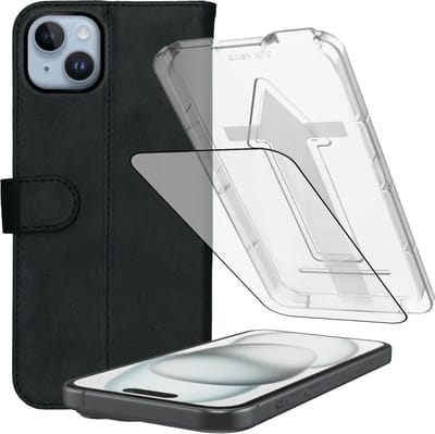 Rosso Deluxe Hoesje + Tempered Glass Geschikt voor Apple iPhone 15 – Echt Leer Book Case met Pasjeshouder Zwart + Screen Protector met Installatietray - Case Friendly 9H Gehard Glas