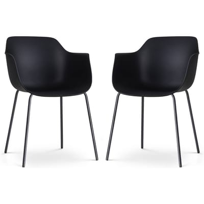Nolon Nora-Puk Eetkamerstoelen Set van 2 Zwart - met Armleuning - Kunststof - Zwart Metalen Poten - Kuipstoel met Armleuning