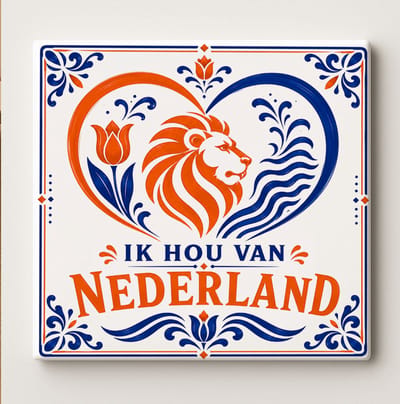 Ik Hou van Nederland Voetbaltegel – Nederlands Supporter Design met Oranje Leeuw, Hart, Tulp en Delfts Blauwe Stijl – Decoratieve Keramische Cadeautegel