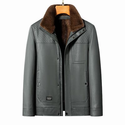 Veste de motard décontractée en cuir épais et chaud pour papa, avec doublure amovible et col en fourrure, pour l'automne et l'hiver XXXXL grise