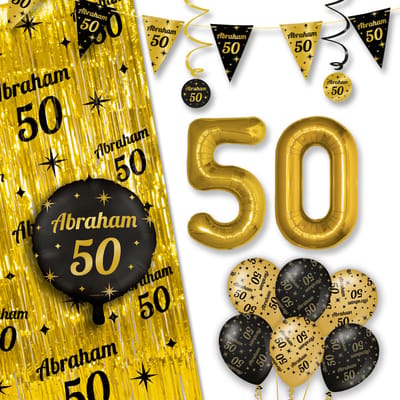 LUQ – All-Out Glam Set Abraham – Zwart-Goud Verjaardag Decor – Luxe Feestpakket Ballonnen-Slingers-Vlaggenlijn-Gordijn