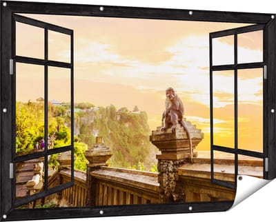 Gards Tuinposter Doorkijk Aap op de Uluwatu Tempel in Bali - 150x100 cm - Tuindoek - Tuindecoratie - Wanddecoratie buiten - Tuinschilderij