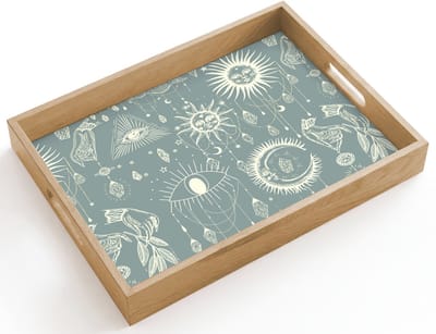 Dienblad hout 40x30 cm - Schootdienblad - Boho - Print - Blauw - Zon - Ogen - Zen - Borrelplank rechthoek - Plateau dienbladen