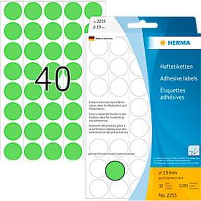 HERMA zelfklevende stippen 2255, Ø 19 mm, zelfklevend, permanent, met de hand beschrijfbaar, 1280 stuks op 32 vellen, FSC®-papier, groen