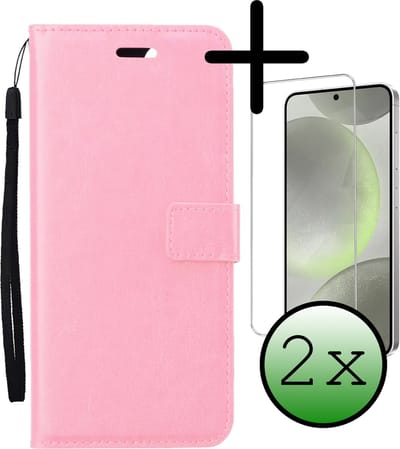 Hoesje Met 2x Screenprotector - Geschikt voor Samsung Galaxy S24 - Luxe Pasjeshouder - Bookcase Portemonee - Flip Case - Kunstleer Book Case - Flipcase Hoes - Book Cover - Walletcase - Portemonneehoes - Lichtroze