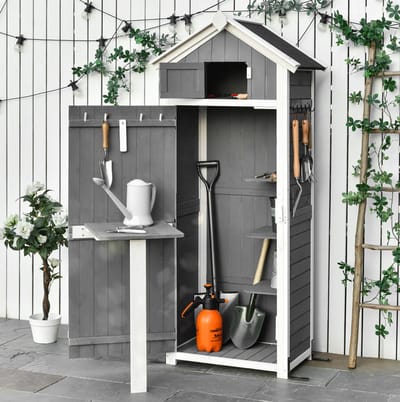 MEUNIQ tuinkast van hout 78 x 52,5 x 182 cm met deur, schuin dak, klaptafel, zijhaken en opbergvakken voor tuingereedschap en tuinopslag grijs