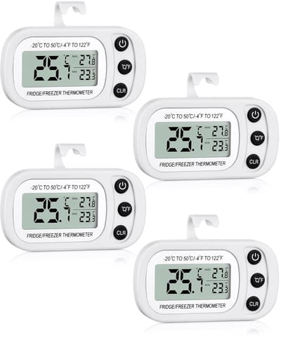 Set van 4 witte digitale koelkastthermometers, waterdicht, met functie voor het registreren van de hoogste en laagste temperatuur in het vries- en vriezercompartiment, lcd-scherm, met haak en magnetische achterkant (knop) voor thuisgebruik.