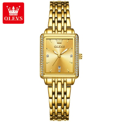 HO-9995.g : OLEVS Dames retro goudkleurig edelstalen quartz horloge, kalenderdag